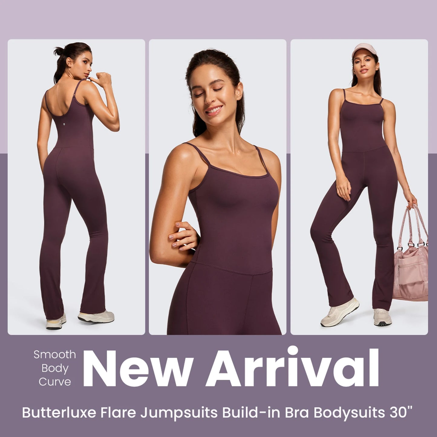 CRZ YOGA Butterluxe Flare Jumpsuits for Women Spaghetti Strap Workout Athletic Onesie Square Neck Bodysuits with Built in Bra